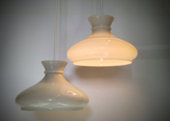 2 store Holmegaard upcycled opalglas pendel. Unika. Sætpris. Klargjorte.